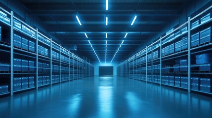 Electronic inventory system monitoring stock levels in a modern warehouse, with copy space, no people.