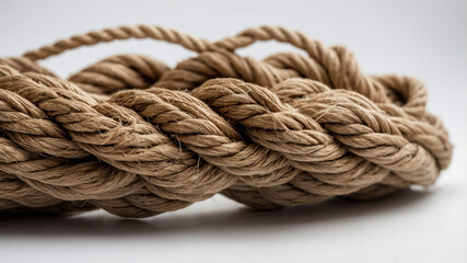 Close-up of coiled rope featuring its natural fibers and intricate texture on a neutral background.