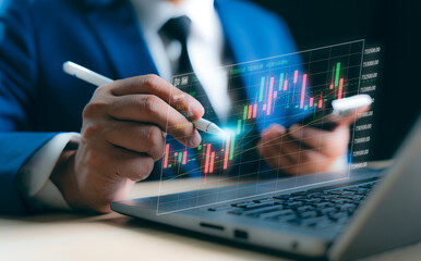 Business financial stock market concept. Businessman analyzing financial data stock market. Business finance stock bar chart Hologram. Business success and growth, economic growth graph.