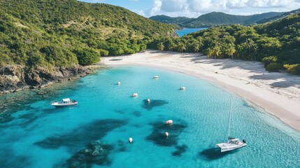 Aerial view of Pig Beach, with pigs swimming near the shore and boats anchored nearby.