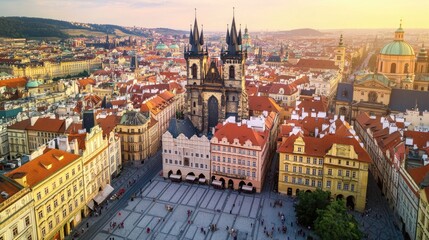 Obraz premium Aerial view of Prague's Old Town Square with the Gothic Church of Our Lady before and colorful historic buildings.