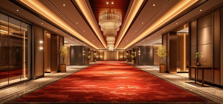 A luxurious hallway with a red carpet, gold accents, and a chandelier. The hallway leads to a grand ballroom or other event space.