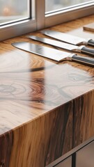 This Stunning Wooden Cutting Board Showcases Its Rich Grain Against the Backdrop of a Modern Kitchen