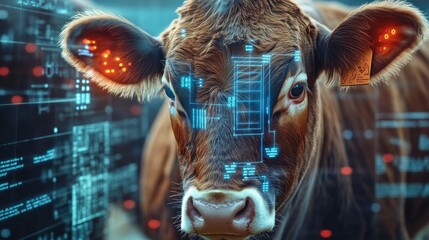 High-tech biometric monitoring system on a cow, highlighting advanced animal health management technology.