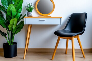 Vanity table in a minimalist space, captured in a photo where a simple, elegant vanity table with a frameless mirror and a single drawer is set against a white wall, with just a few carefully