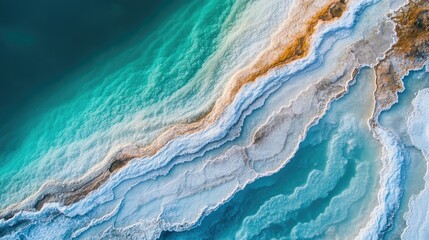Aerial view of the Dead Sea's shoreline, with intricate salt formations and the vast expanse of water.