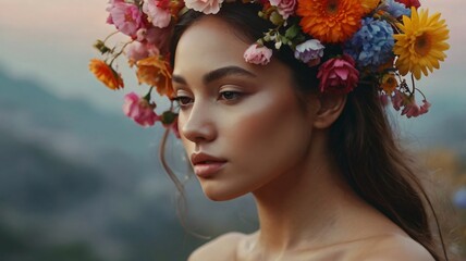 Naklejka premium A serene young woman with a vibrant flower crown gazes thoughtfully into the distance during a golden sunset in a mountainous landscape