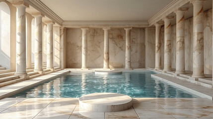 White Marble Podium Floating Above a Tranquil Pool of Water Surrounded by Ancient Greek Columns