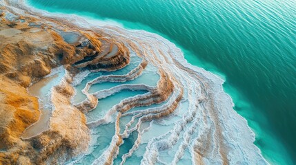 Aerial view of the Dead Sea's unique patterns of salt formations and turquoise water, creating a natural mosaic.