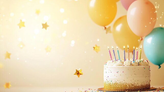 Goldglittered birthday cake with colorful balloons and shimmering stars, vibrant celebration background