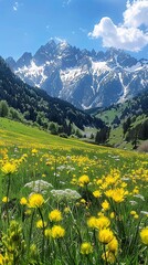 Alpine Meadow with Yellow Flowers and Mountain Views