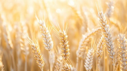 Fototapeta premium Golden Wheat Stalks Swaying in the Summer Breeze, Rural Landscape with Sunlit Grain