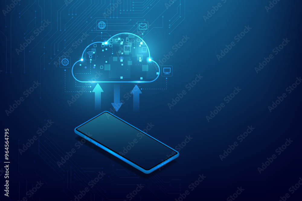Poster cloud computing concept with a smartphone and cloud data icons on a blue circuit background.abstract