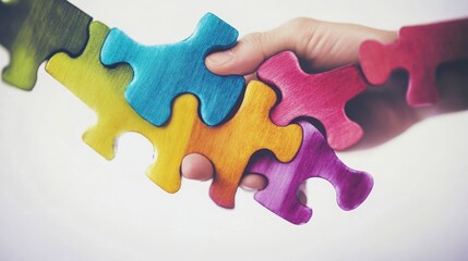 Obraz premium A close-up of a hand connecting colorful puzzle pieces, symbolizing teamwork, problem-solving, and collaboration in a vibrant way.