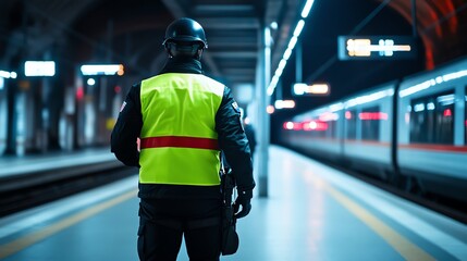 Fototapeta premium A police officer stands watch at an empty subway platform, ensuring safety and security in the urban environment.