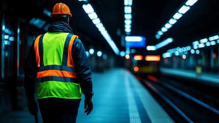 Fototapeta premium A railway worker in a safety vest stands at a dimly lit subway station, waiting for a train arrival.