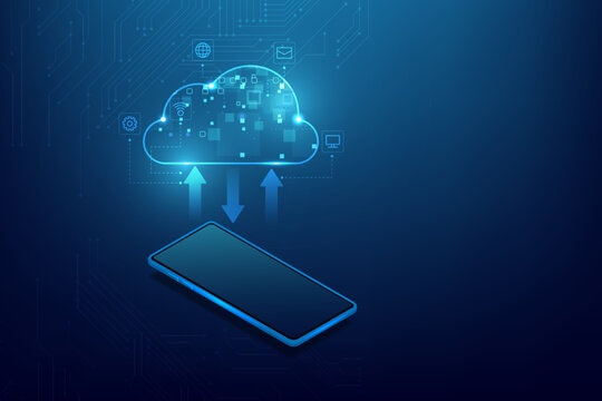 Cloud computing concept with a smartphone and cloud data icons on a blue circuit background.Abstract cloud connection technology background.	
