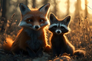 Fototapeta premium Fox and Raccoon Friends in the Sunset