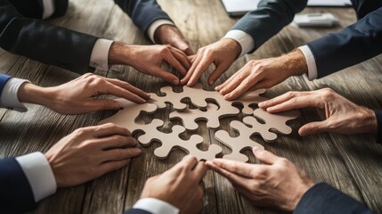 A group of hands collaborate to fit puzzle pieces together, symbolizing teamwork and cooperation in a business setting.