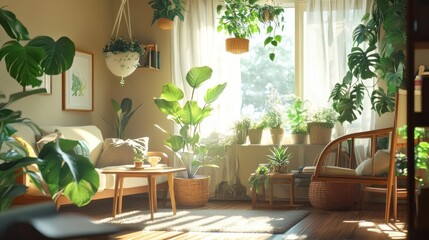 Fototapeta premium Sunlit Living Room with Lush Greenery