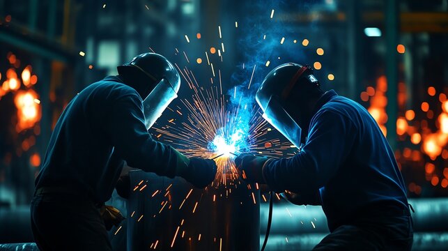 Two welders in protective gear perform a metal fusion process, creating sparks in a vibrant industrial environment.