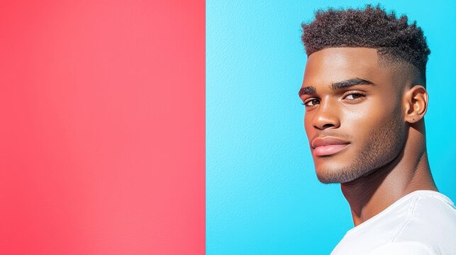Close-up studio portrait of a handsome smiling teen boy with black hair, looking at camera