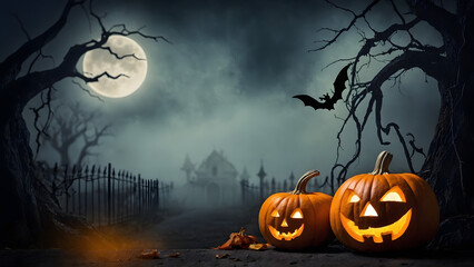 Fototapeta premium Halloween background with smiling pumpkins in the foreground, old dry trees on the sides, full moon and bats in the background, cemetery