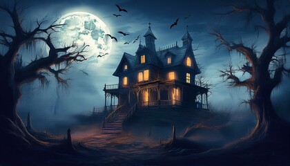 Spooky Haunted House at Night: An eerie, abandoned Victorian-style haunted house on a hill, surrounded by twisted, bare trees under a full moon. The windows are cracked. wallpaper halloween