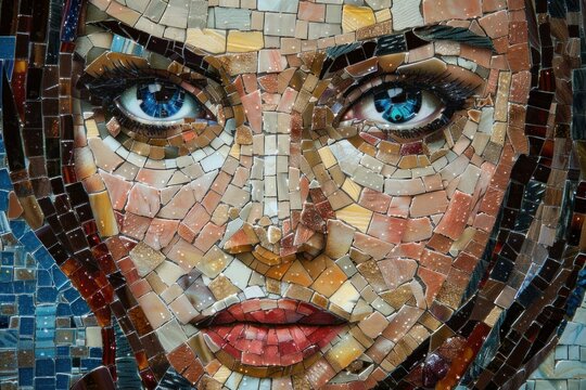 Mosaic portrait of a woman with captivating blue eyes and intricate tile patterns in various colors