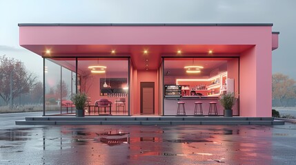 Modern Pink Cafe with Glass Walls and Neon Lights on a Rainy Day
