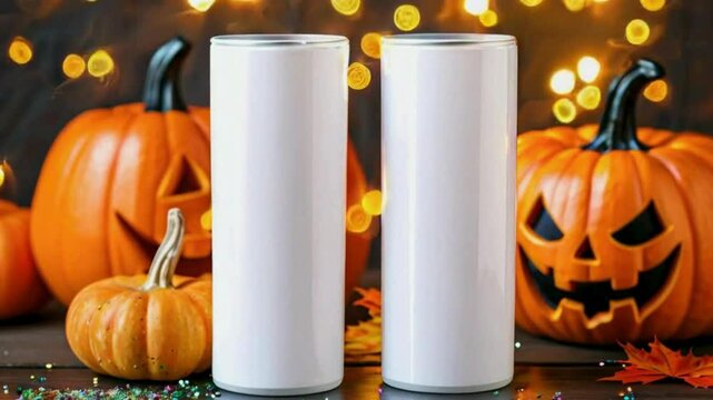 Halloween Tumbler Mockup - Spooky Drinkware Design Template with Pumpkins and Bats

