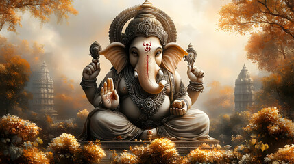 A serene statue of Ganesha amidst a tranquil landscape, symbolizing wisdom and prosperity.