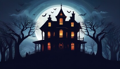 Spooky Haunted House at Night: An eerie, abandoned Victorian-style haunted house on a hill, surrounded by twisted, bare trees under a full moon. The windows are cracked. wallpaper halloween