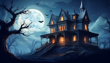 Spooky Haunted House at Night: An eerie, abandoned Victorian-style haunted house on a hill, surrounded by twisted, bare trees under a full moon. The windows are cracked. wallpaper halloween