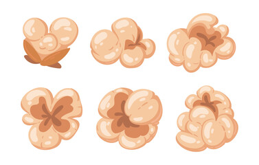 Cartoon popcorn. Tasty popping corn with salty or sweet flavour, movie watching crunchy snack flat vector illustration set. Popcorn snack on white