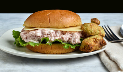 spam salad  sandwich  with broccoli tots