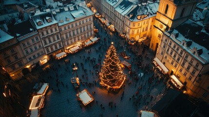 Obraz premium An aerial view of Prague's Old Town Square at Christmas, with the festive market and decorated tree.
