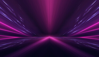 Neon tunnel with geometric lamps, pink and purple light, dark corridor, futuristic dark neon portal.