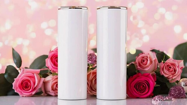 Valentine Tumbler Mockup - Romantic Drinkware Design Template with Hearts and Roses
