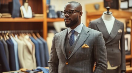 African American tailor works in a luxury tailoring workshop in a modern studio. Or a young African American customer looking at shirts in a suit shop.