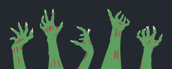 Halloween zombie hands. Monsters bony scrawny arms, Halloween horror zombie hands flat vector illustration set. Spooky living dead creepy hands