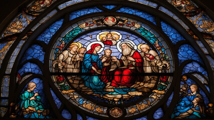 Fototapeta premium Ornate stained glass window depicting a religious scene with multiple figures in vibrant colors.