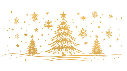 Golden christmas tree , cute line drawing clipart isolated on transparant  background.