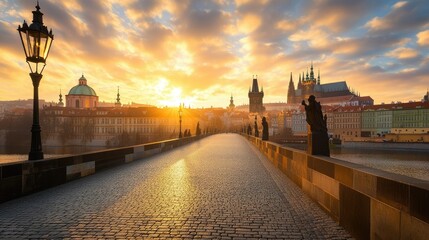 Obraz premium An early morning view of the empty Charles Bridge with the sun rising behind Prague Castle.