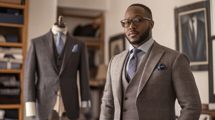 African American tailor works in a luxury tailoring workshop in a modern studio. Or a young African American customer looking at shirts in a suit shop.