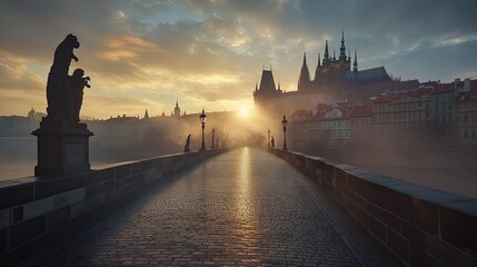 Naklejka premium An early morning view of the empty Charles Bridge with the sun rising behind Prague Castle.