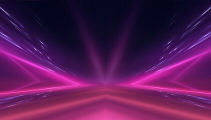 Neon tunnel with geometric lamps, pink and purple light, dark corridor, futuristic dark neon portal.