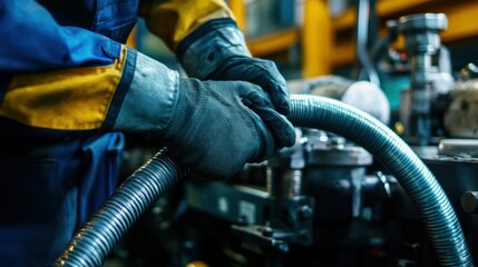 industrial worker Or mechanical engineer holding a hydraulic hose on a background machine with metal joints.