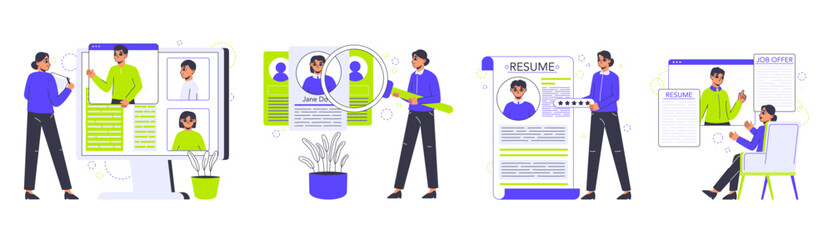 Recruitment process. Job candidates, hiring HR managers and job seekers characters flat vector illustration set. Candidates searching job