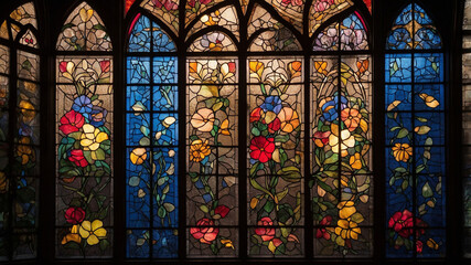 Stained glass window featuring vibrant flowers and intricate patterns, capturing a blend of colors and light.